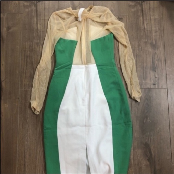 AQAQ Green & White Long Sleeve Midi Bodycon Dress - Picture 4 of 4